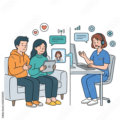 Foto Telehealth and online medical consultation between couple and doctor, virtual healthcare services via video call