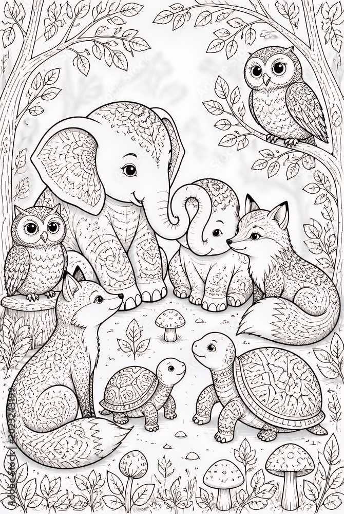 Fototapeta premium Cute Forest Animals Gathered Together in Detailed Woodland Scene