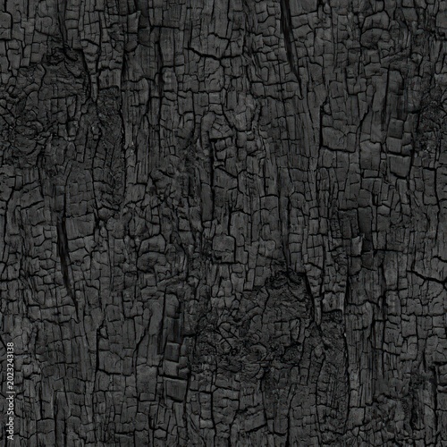Detailed Texture of Charred Wood Surface with Cracks and Imperfections.