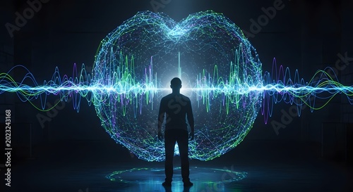 Man Standing Before A Massive Sound Wave Visualization.