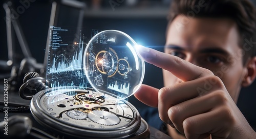 Precision Engineering - Watchmaker Interacting with Holographic Display of Clockwork Mechanism.
