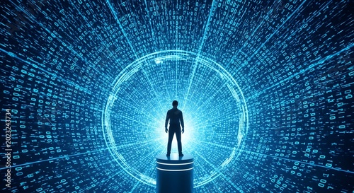Silhouette of a Person Standing in a Digital Vortex of Blue Light and Data.