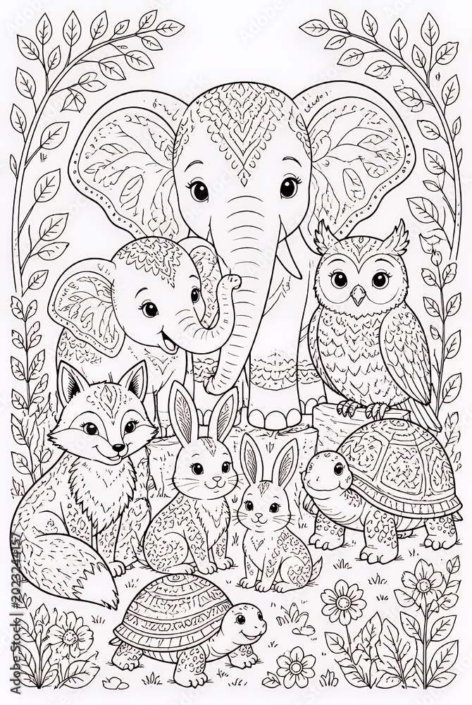 Fototapeta premium Cute Forest Animals Gathered in Decorative Line Art Nature Frame