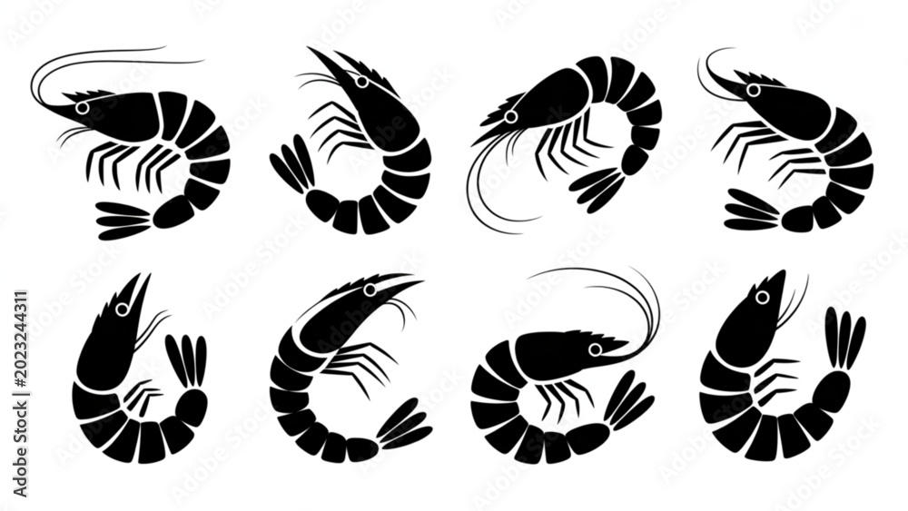 Obraz premium Marine Shrimp Silhouette Vector Set Seafood Crustacean Icons in Various Poses and Sizes