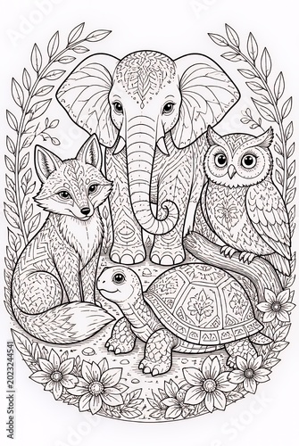 Detailed Forest Animal Illustration Featuring Elephant Fox Owl and Turtle in Floral Frame
