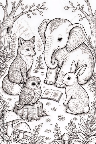 Whimsical Forest Animals Gathered Around Open Book in Woodland Clearing