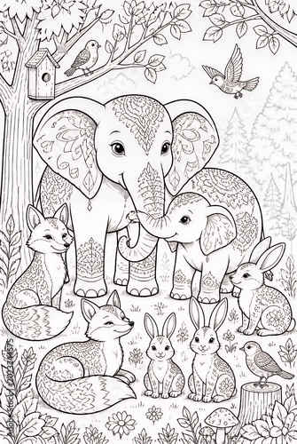 Detailed Elephant Family Standing with Forest Animals in Woodland Scene