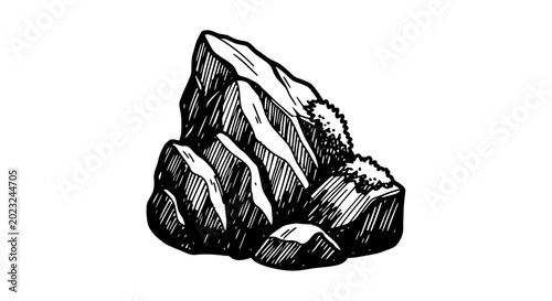 Rough Sketch of Jagged Rocks with Moss - Black and White Drawing