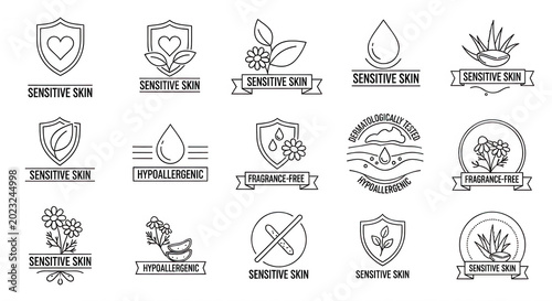 Set of white line for sensitive skin products featuring shields, leaves, water drops, flowers, and aloe vera on a black background