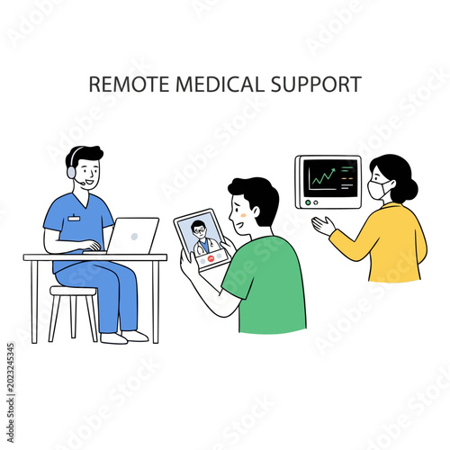 Fotografie Remote medical support vector illustration, doctor with headset providing virtual assistance to patient via video call