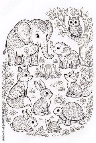Decorative Elephant Family and Forest Animals Gathered Around Tree Stump in Whimsical Woodland Scene