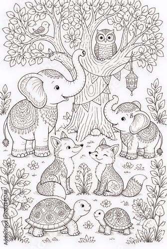 Decorative Baby Elephant and Fox Sitting Under Ornate Tree in Whimsical Forest