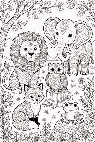 Whimsical Detailed Lion Elephant Fox Owl and Frog Sitting in Leafy Forest Clearing