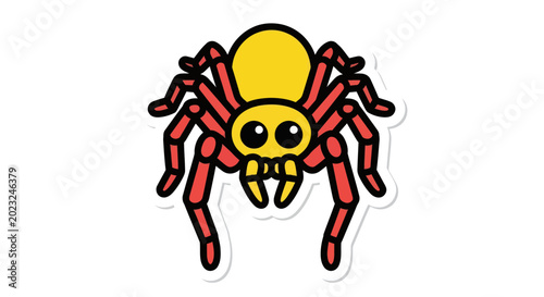 Bild auf Leinwand Cute Cartoon Spider Sticker, Yellow and Red Arachnid Illustration