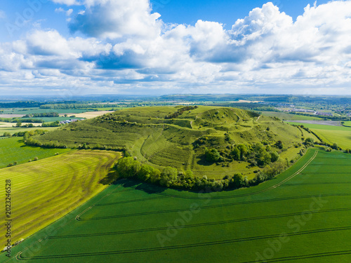 Aerial shot of Cley Hill in Wiltshire, UK