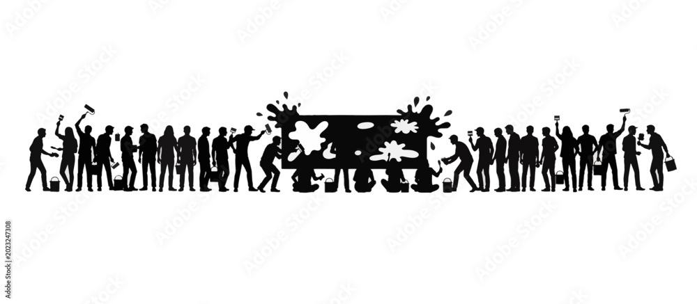 Fototapeta premium Group of people painting together silhouette. Community art project and teamwork concept. Black vector illustration isolated on transparent background