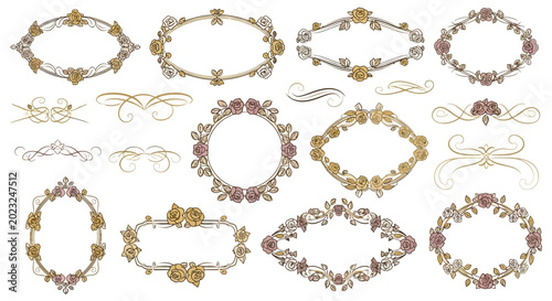Floral Frame Collection, Elegant Decorative Elements Set, Gold and Rose Details