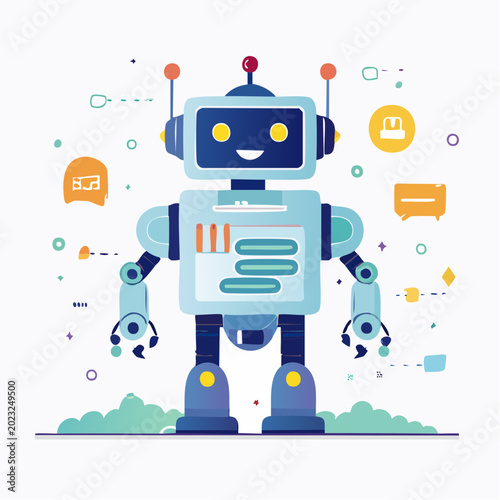 Friendly Robot Character with Technology Icons