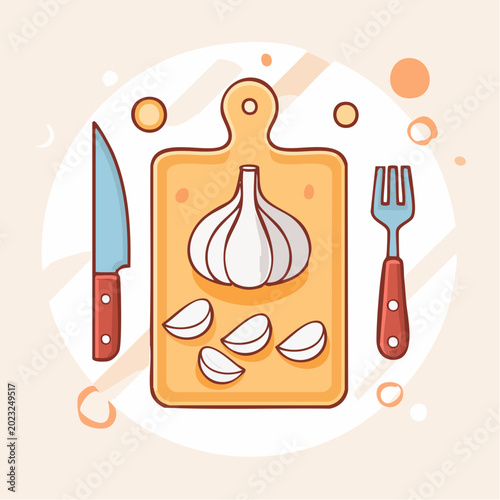 Garlic on Cutting Board with Knife and Fork