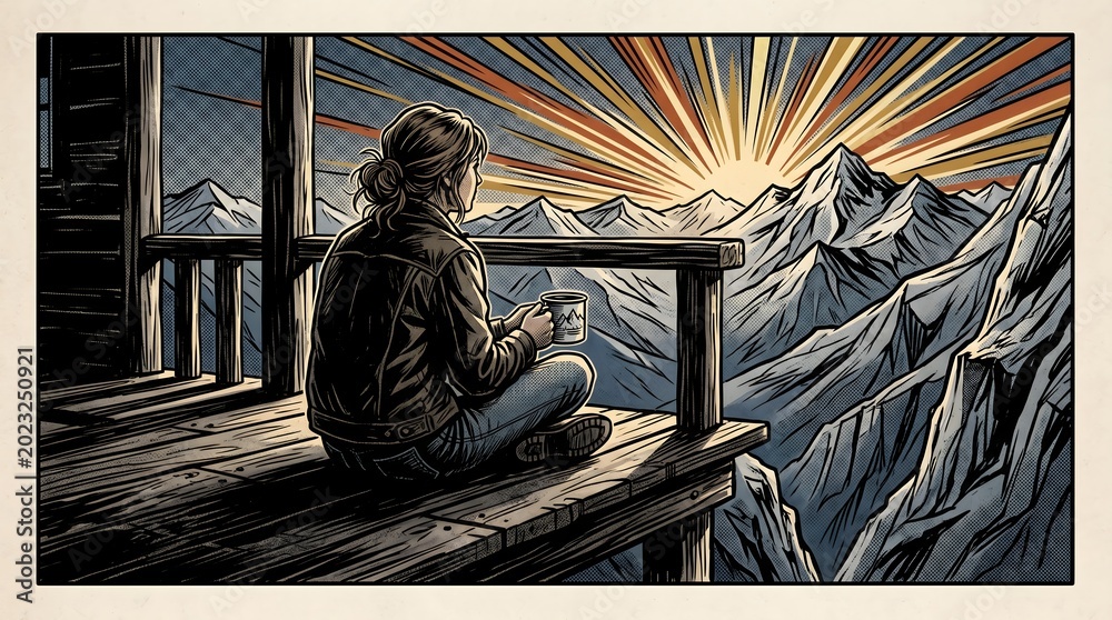 Fototapeta premium Picture from the back of a woman sitting on wooden porch extending into a high mountain cliff with wooden frame. Artistic print with copy space and warm light.