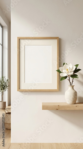 A picture frame sitting on a wooden shelf next to a potted plant. Mockup for your art project, poster, illustration or lettering Premium photo of minimalist interior scene featuring an empty horizonta