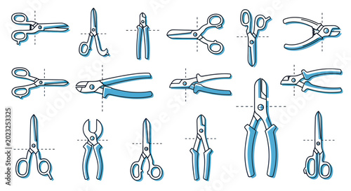 Bild auf Leinwand Collection of blue scissors and industrial hand tool icons on white background
