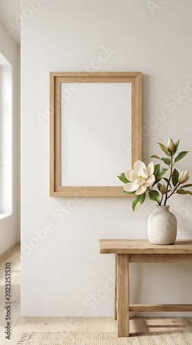 A picture frame sitting on a wooden shelf next to a potted plant. Mockup for your art project, poster, illustration or lettering Premium photo of minimalist interior scene featuring an empty horizonta