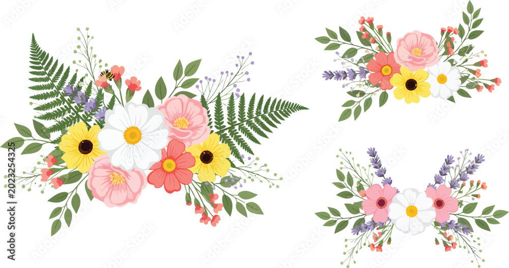 Fototapeta premium Watercolor floral arrangements with green leaves and colorful flowers on white background