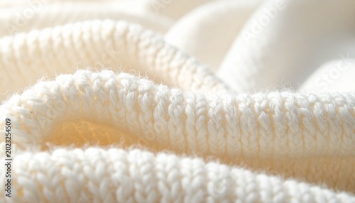 Macro Shot of Soft Cream White Knitted Fabric Texture with Cozy Folds