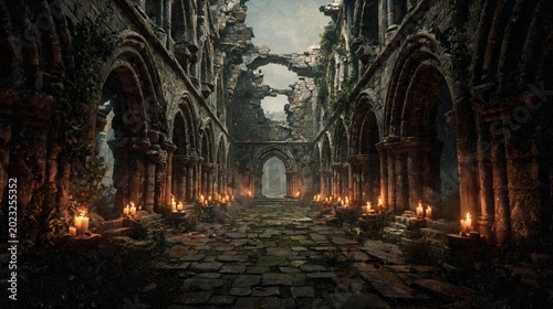 Quadro su tela Inside a derelict temple sanctuary with ancient stone pillars, spiderwebs, and lit candles at night