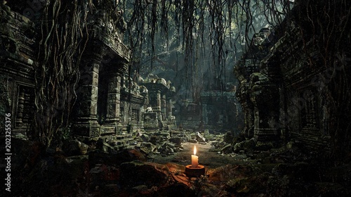 Tableau sur toile Inside a derelict temple sanctuary with ancient stone pillars, spiderwebs, and lit candles at night