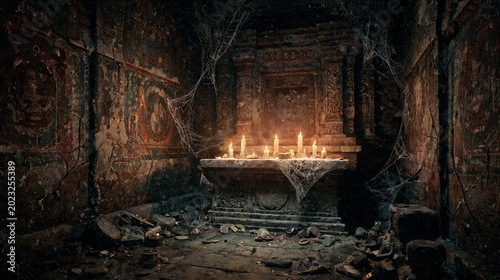 Photos Inside a derelict temple sanctuary with ancient stone pillars, spiderwebs, and lit candles at night