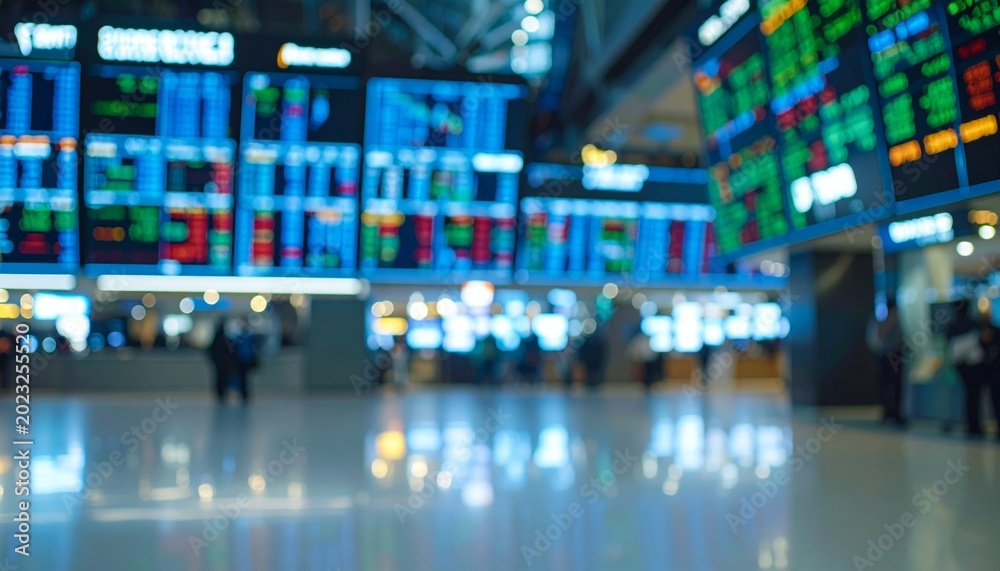 Fototapeta premium Blurred Abstract Financial Stock Market Data Screens in Modern Hall