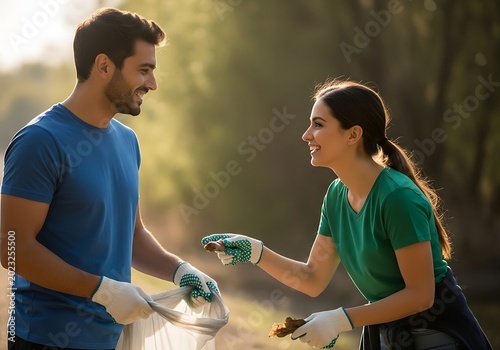 People cleaning outdoors volunteers smiling during environmental project