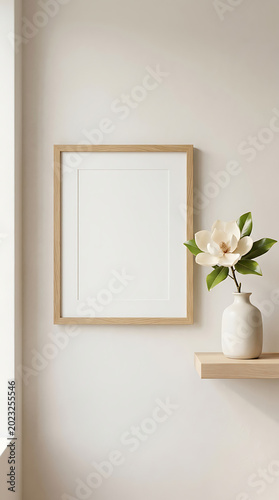 A picture frame sitting on a wooden shelf next to a potted plant. Mockup for your art project, poster, illustration or lettering Premium photo of minimalist interior scene featuring an empty horizonta