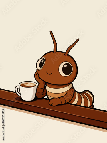 Konstfotografi Cute Cartoon Ant Relaxing with a Cup of Coffee