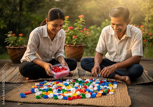 People enjoying puzzle game outdoors with colorful pieces in natural light