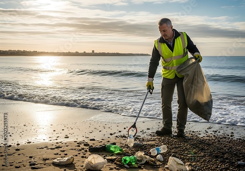 Person collects trash on beach near ocean wearing safety vest sunny day