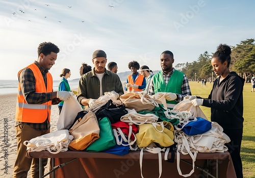 Volunteers sorting and organizing collected materials on a sunny day