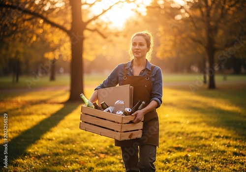 Woman carrying wooden crate with recyclable materials in park sunlight