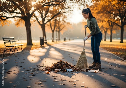 Woman sweeping fallen leaves on a paved pathway during autumn season