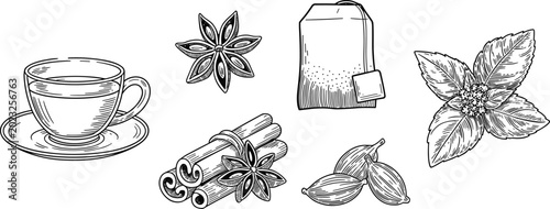 Foto Herbal Tea and Organic Spices Hand Drawn Sketch Set with Cup Saucer Teabag Cinna