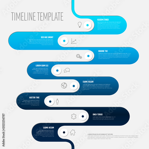 This modern timeline template features blue gradient milestones for business projects. Utilize this timeline template to visualize a sequential process or a strategic roadmap journey.