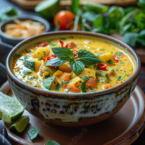 Thai vegetable curry vegan coconut milk herb colorful ingredients healthy Thai cuisine minimal plating high detail food photography