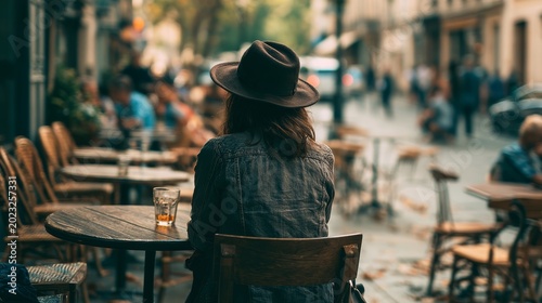 A woman sitting at an outdoor cafe table