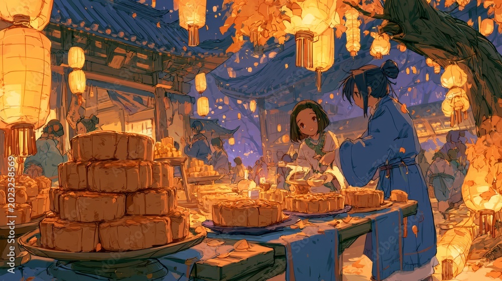 Obraz premium A woman in a night market setting surrounded by lanterns