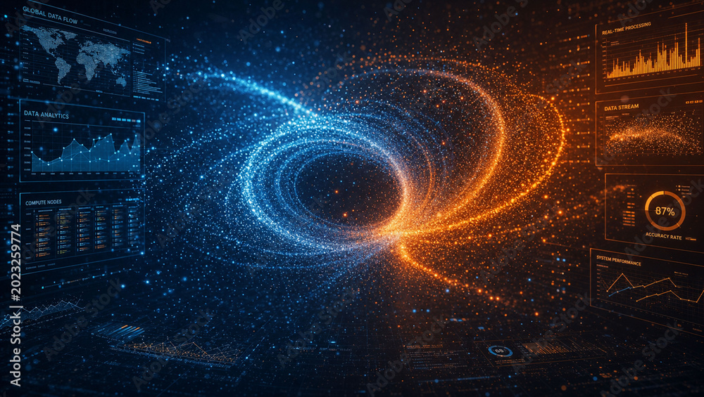 Obraz premium Abstract cosmic energy swirling with data overlays, digital art visualization