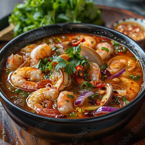 Thai spicy seafood soup mixed shellfish herb chili broth vibrant colors authentic Thai cuisine dramatic lighting high detail shot