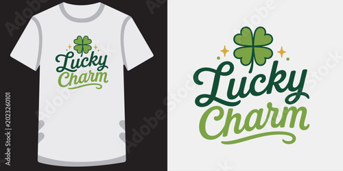 Fotografie Lucky charm typography design with four leaf clover and sparkle stars for st patricks day