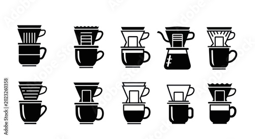 Photos Set of pour over coffee brewing icons and equipment